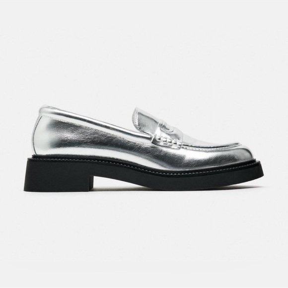 ZARA Metallic Silver Lug Sole Loafers - Picture 5 of 11